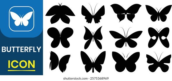 Butterfly icon set. Symbol of free flying insect in nature. Fly beauty in wildlife with wings shows fantasy. Vintage butterfly wing, tattoo, flying shape, vector design. Isolated vector Illustration.