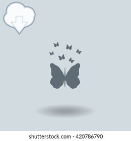 Butterfly icon with shadow. Cloud of download with arrow.