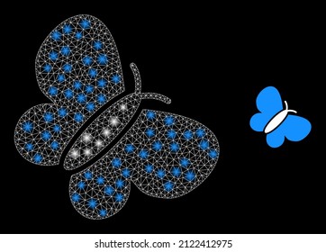 Butterfly icon and shiny net mesh butterfly structure with flare spots. Illuminated model is created using butterfly vector icon and triangle mesh. Illuminated carcass butterfly,