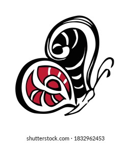Icono de mariposa. Imagen simple de una mariposa con venas rojas en las alas. Dibujo a mano alzada, lino