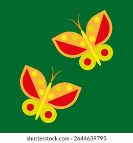 Butterfly icon. Two red yellow butterflies. Green background figure. Vector insect symbol.