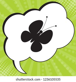 Butterfly icon. Vector. Black icon in speech bubble at popart yellow green background.