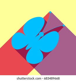 Butterfly icon. Vector. Deep sky blue icon with two flat violet and raspberry semitransparent shadows on canary background.