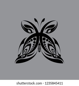 Butterfly icon vector. Design line arc black on grey. Design for embroidery, symbol, pattern, background, fashion.  