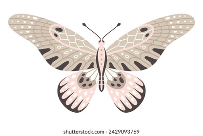 Butterfly icon, vector illustration. Wings with geometric abstract ornament, front view, a symbol for tattoo design. Summer background, fly insect