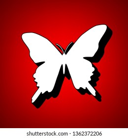 Butterfly icon. Vector. Perspective view of white icon with black outline at reddish background.