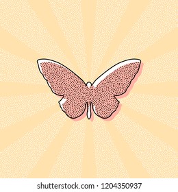 butterfly icon. Vintage retro typography with offset printing effect. Dots poster with comics pop art background