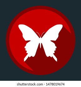 Butterfly icon. White icon with shadow on round red button at dark cyan background. Illustration.