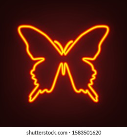 Butterfly icon. Yellow, orange, red neon icon at dark reddish background. Illumination. Illustration.