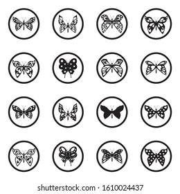 Butterfly Icons. Black Flat Design In Circle. Vector Illustration.