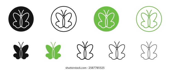 Butterfly icons in black and green colors collection