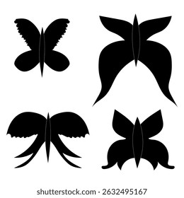 Butterfly icons. Black wing shapes. Four insect designs. Vector nature symbols.