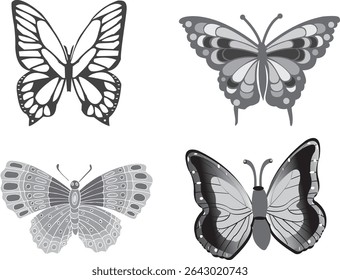 butterfly icons collection black white background