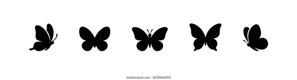 Butterfly icons in flat black silhouette style set.