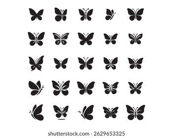 Butterfly Icons Set, A collection of various black silhouette butterfly icons on a white background. butterfly, butterflies, icon, icons, silhouette, black and white, graphic design, vector, logo.
