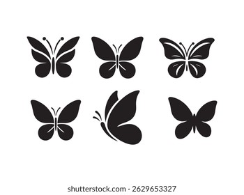 Butterfly Icons Set, A collection of various black silhouette butterfly icons on a white background. butterfly, butterflies, icon, icons, silhouette, black and white, graphic design, vector, logo.