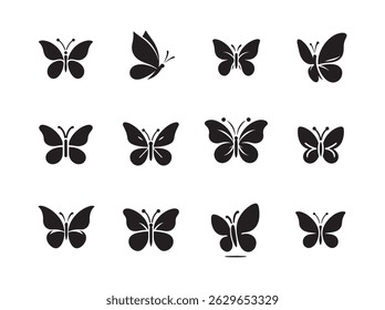 Butterfly Icons Set, A collection of various black silhouette butterfly icons on a white background. butterfly, butterflies, icon, icons, silhouette, black and white, graphic design, vector, logo.