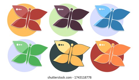 Butterfly icons set. Different colors. Vector stock illustration. Flat design. Insects logo. Isolated. White background.