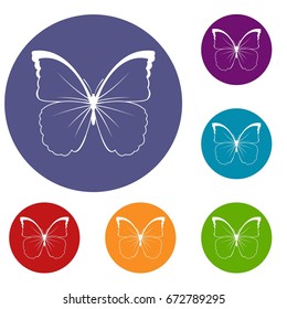 Butterfly icons set in flat circle reb, blue and green color for web