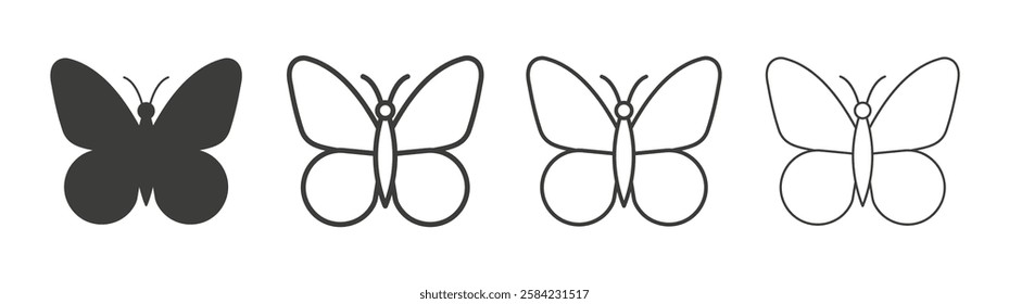 Butterfly icons set. Liner outlined and flat black color