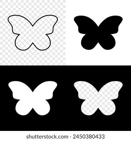 Butterfly icons, shapes and frames. Flying insect silhouettes isolated on white, black and transparent background. Vector hraphic illustration.