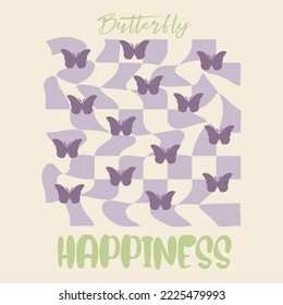Butterfly illustration , chceckers pattern. Vector graphic design for t-shirt.