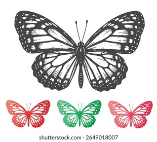 A butterfly illustration features a large grayscale version above three smaller butterflies in red, green, and red color variations.
