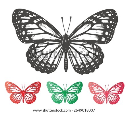 A butterfly illustration features a large grayscale version above three smaller butterflies in red, green, and red color variations.