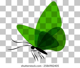 Butterfly illustration featuring green wings and a black body on a transparent background