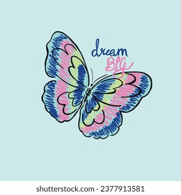 Butterfly illustration. Girl child tshirt pattern design. T shirt trendy