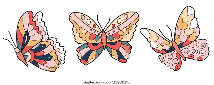 Butterfly illustration. Isolated Clip art. Hand drawn beautiful drawings with patterns and small details. Vector