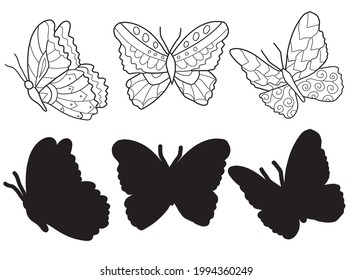 Butterfly illustration. Line art. Vector illustration on white background. Two versions, black shape and black and white silhouette. Cut out, pictures to color