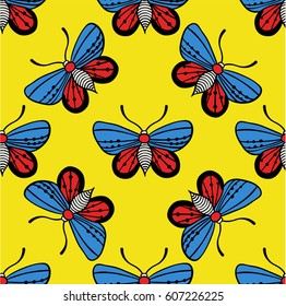 butterfly illustration seamless pattern, butterfly outline decorative endless background. design for textile. red, yellow and blue butterfly background 2