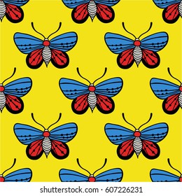 butterfly illustration seamless pattern, butterfly outline decorative endless background. design for textile. red, yellow and blue butterfly background 3