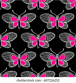 butterfly illustration seamless pattern, butterfly outline decorative background. design for textile. black background, white outline.