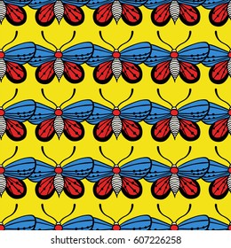 butterfly illustration seamless pattern, butterfly outline decorative endless background. design for textile. red, yellow and blue butterfly background.