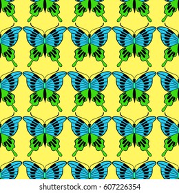 butterfly illustration seamless pattern, butterfly outline decorative background. design for textile. lime color background