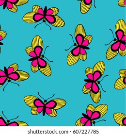 butterfly illustration seamless pattern, butterfly outline decorative background. design for textile. blue butterfly background.