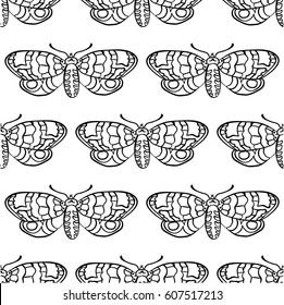 Butterfly illustration seamless pattern, butterfly outline decorative endless background. design for textile. black and white insect contour