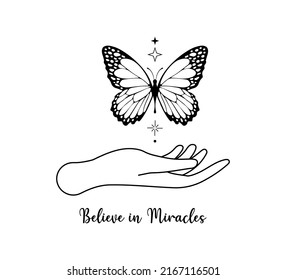 Butterfly Illustration and Stars with Human Hand, Vector Design for Fashion and Poster Prints, Sticker, Bag, Mug, Textile, Phone Case, Tattoo Design, Gesture, Mystic