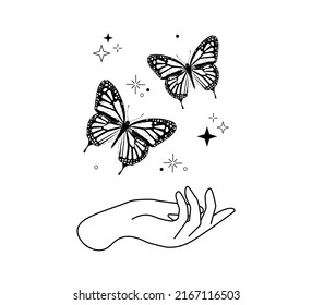 Butterfly Illustration and Stars with Human Hand, Vector Design for Fashion and Poster Prints, Sticker, Bag, Mug, Textile, Phone Case, Tattoo Design, Gesture, Mystic