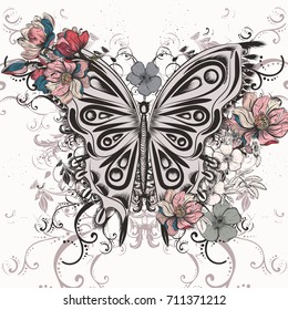 Butterfly illustration in swirl hand drawn doodle style and flowers for design