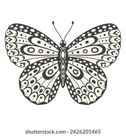 Ilustración de mariposa, vector. Estética de estilo Y2k, formas de alas en vista frontal, un símbolo ornamental mágico con un patrón de puntos y líneas. Elemento monocromo blanco y negro, impresión gráfica del tatuaje