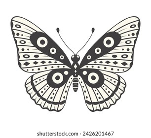 Butterfly illustration, vector. Y2k style aesthetic, wing shapes in front view, a magic ornamental symbol with dots, lines, and rhombus pattern. Black and white element, tattoo graphic print