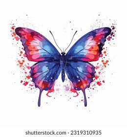 Butterfly illustration, watercolor butterfly vector, blue and red, splash