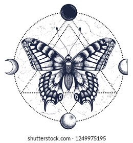 Butterfly is inscribed in circle of moon phases. Tattoo Design. T-shirt design. Symbol of soul, immortality, rebirth and resurrection