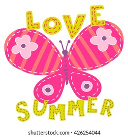Butterfly and Inscription Love Summer Vector Illustration for Baby and Kid T-Shirt Print Card Design etc 5 colors