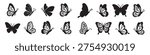 Butterfly insect, black and white wings, organic shapes. Aesthetic, tattoo silhouette, hand drawn stickers. Vector graphic in trendy style. Baby shower design elements. Party invitation, birthday  