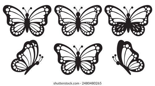 Butterfly insect, black and white wings, organic shapes. Aesthetic, tattoo silhouette, hand drawn stickers. Vector graphic in trendy style. Baby shower design elements. Party invitation, birthday  