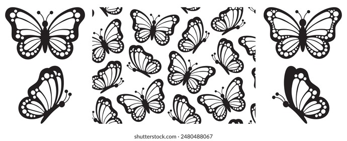 Butterfly insect, black and white wings, organic shapes.Aesthetic, tattoo silhouette, hand drawn stickers. Vector graphic in trendy style. Baby shower design elements. Party invitation, birthday  